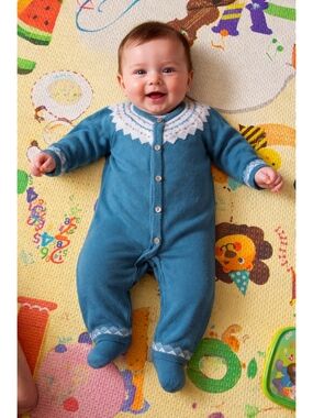 3/25 French brand Absorba Blue Knit Baby One-Piece with White Yoke